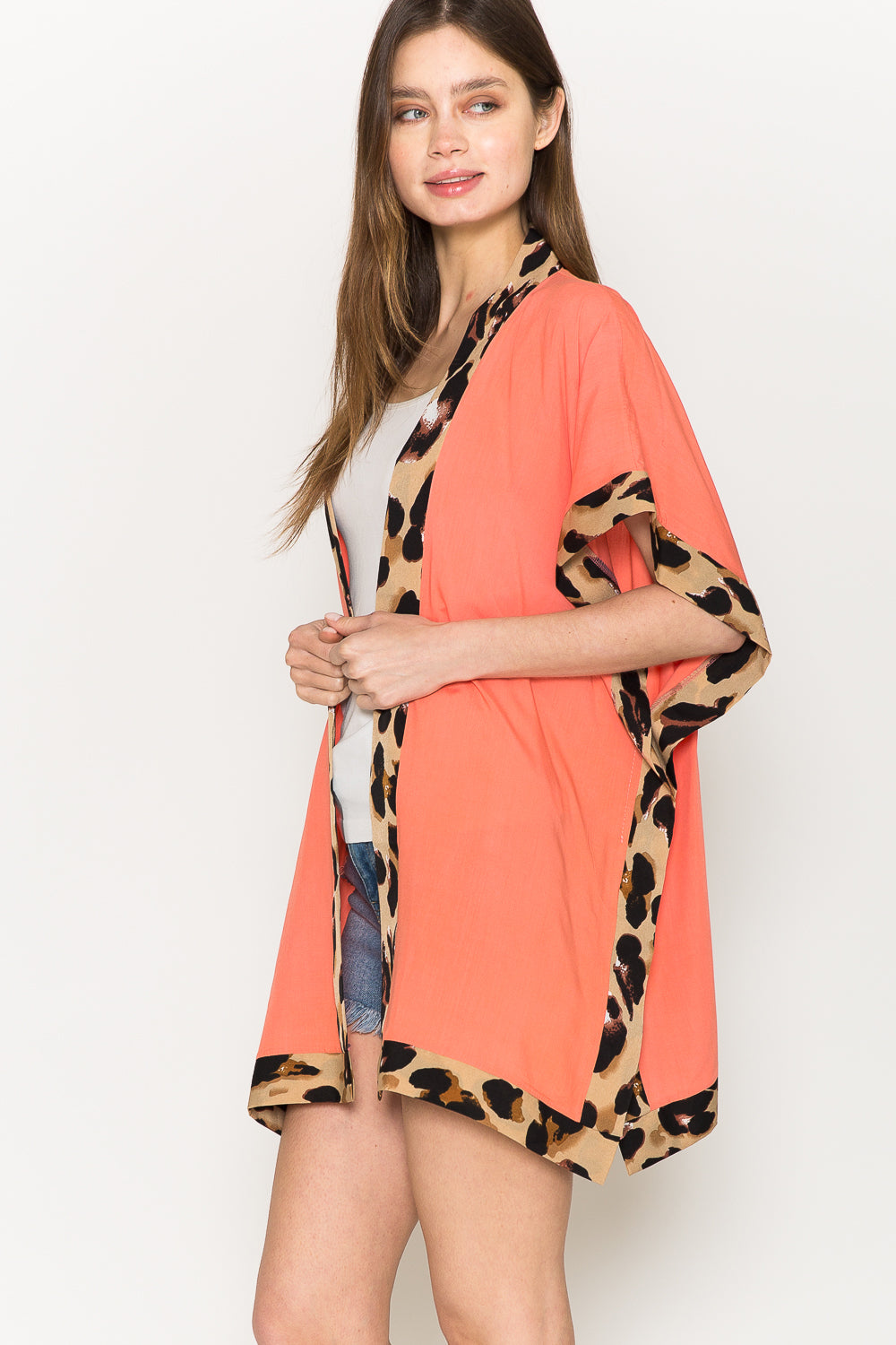 Justin Taylor Leopard Contrast Open Front Cardigan