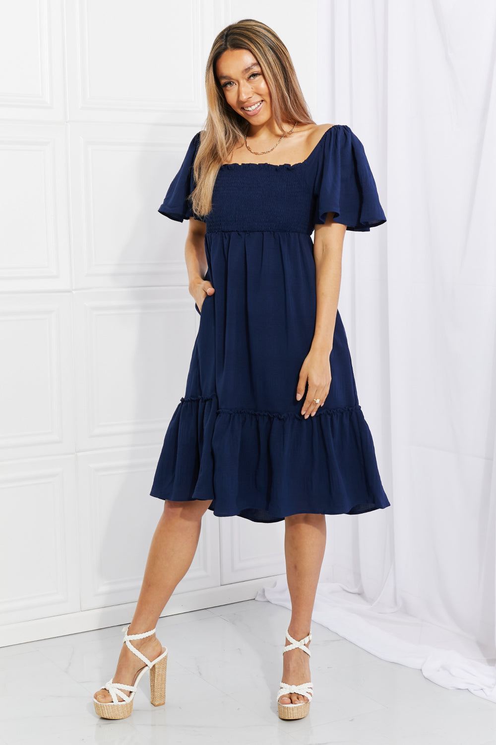 Davi & Dani Full Size Let's Laugh Smocked Bow-Look Back Dress