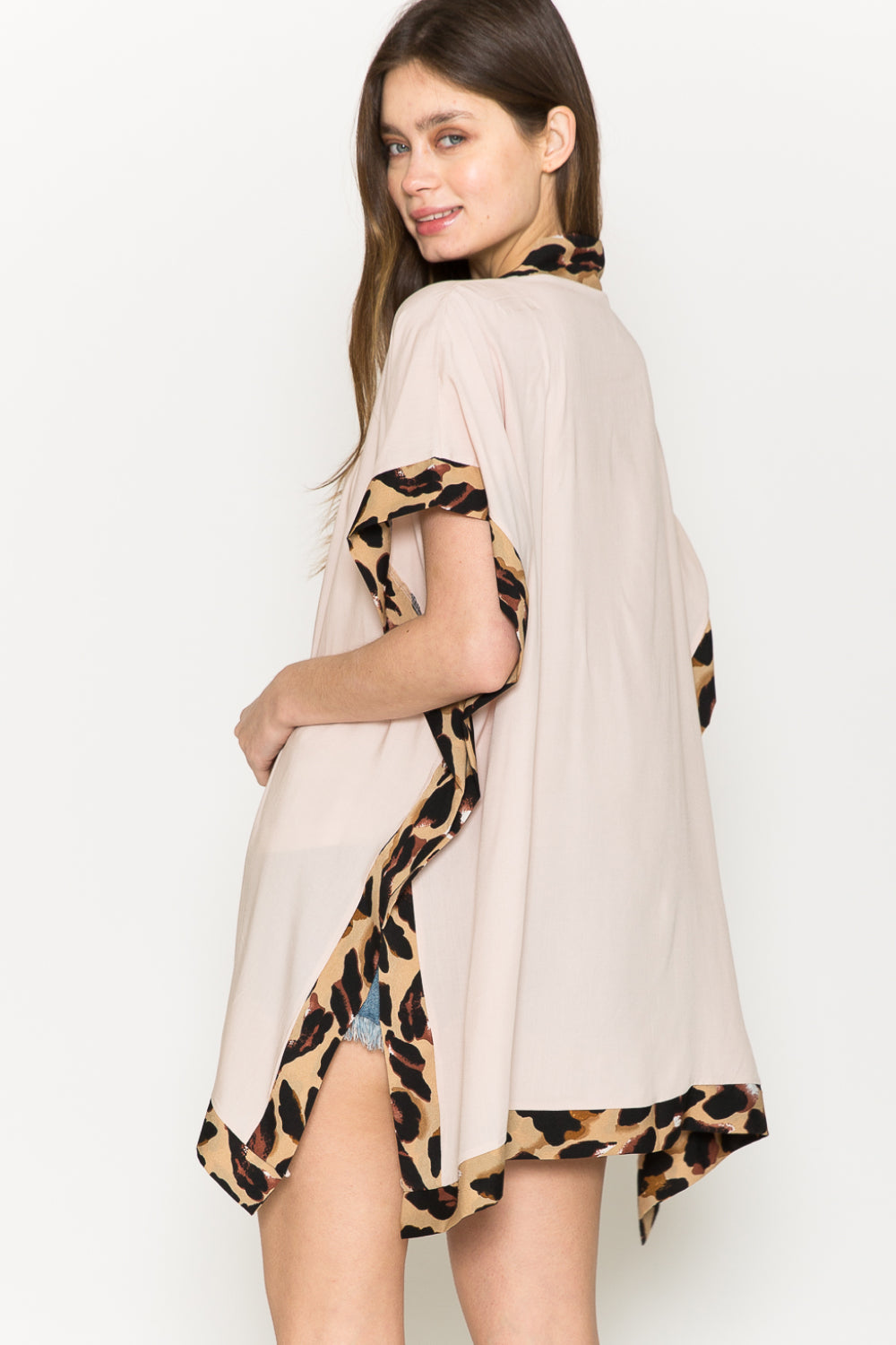 Justin Taylor Leopard Contrast Trim Slit Cardigan