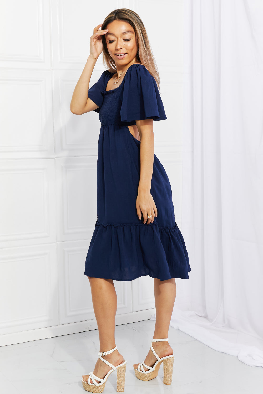 Davi & Dani Full Size Let's Laugh Smocked Bow-Look Back Dress