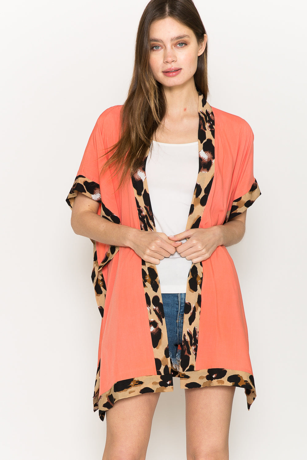 Justin Taylor Leopard Contrast Open Front Cardigan