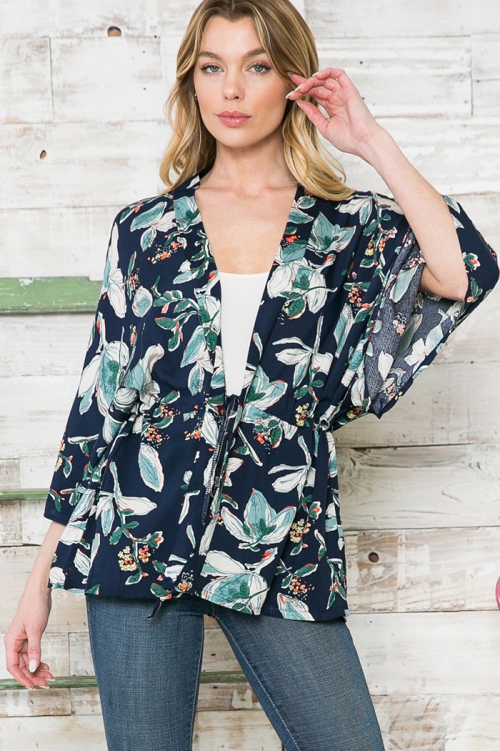 Justin Taylor Floral Three-Quarter Sleeve Longline Cardigan