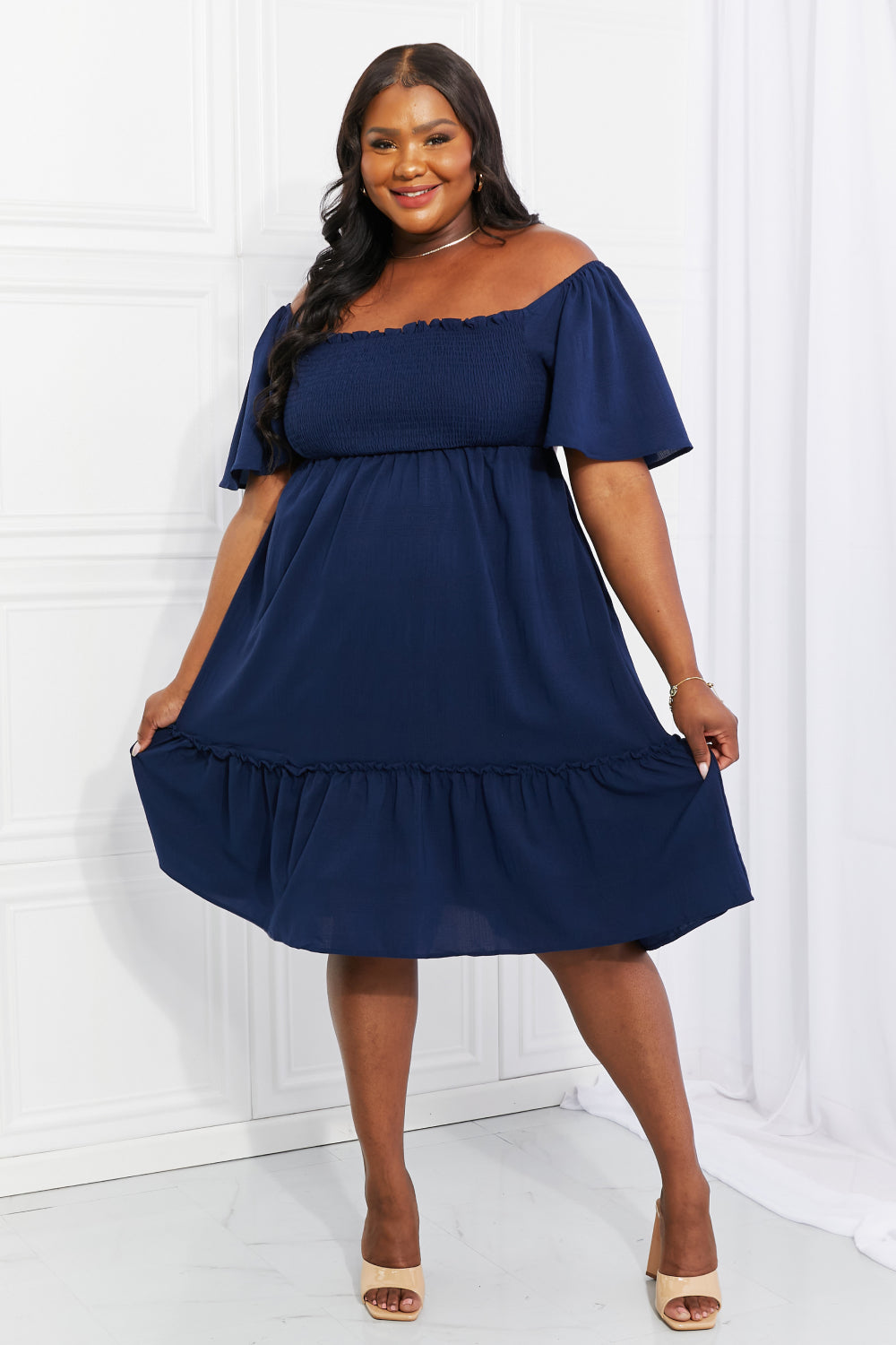 Davi & Dani Full Size Let's Laugh Smocked Bow-Look Back Dress