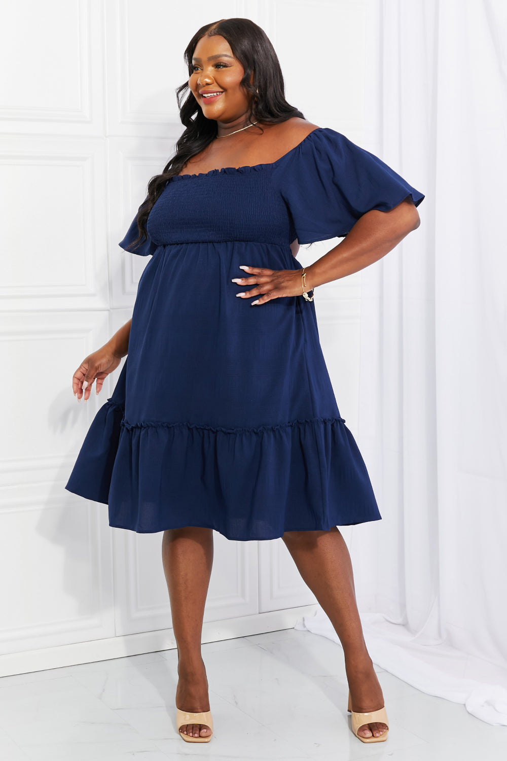 Davi & Dani Full Size Let's Laugh Smocked Bow-Look Back Dress