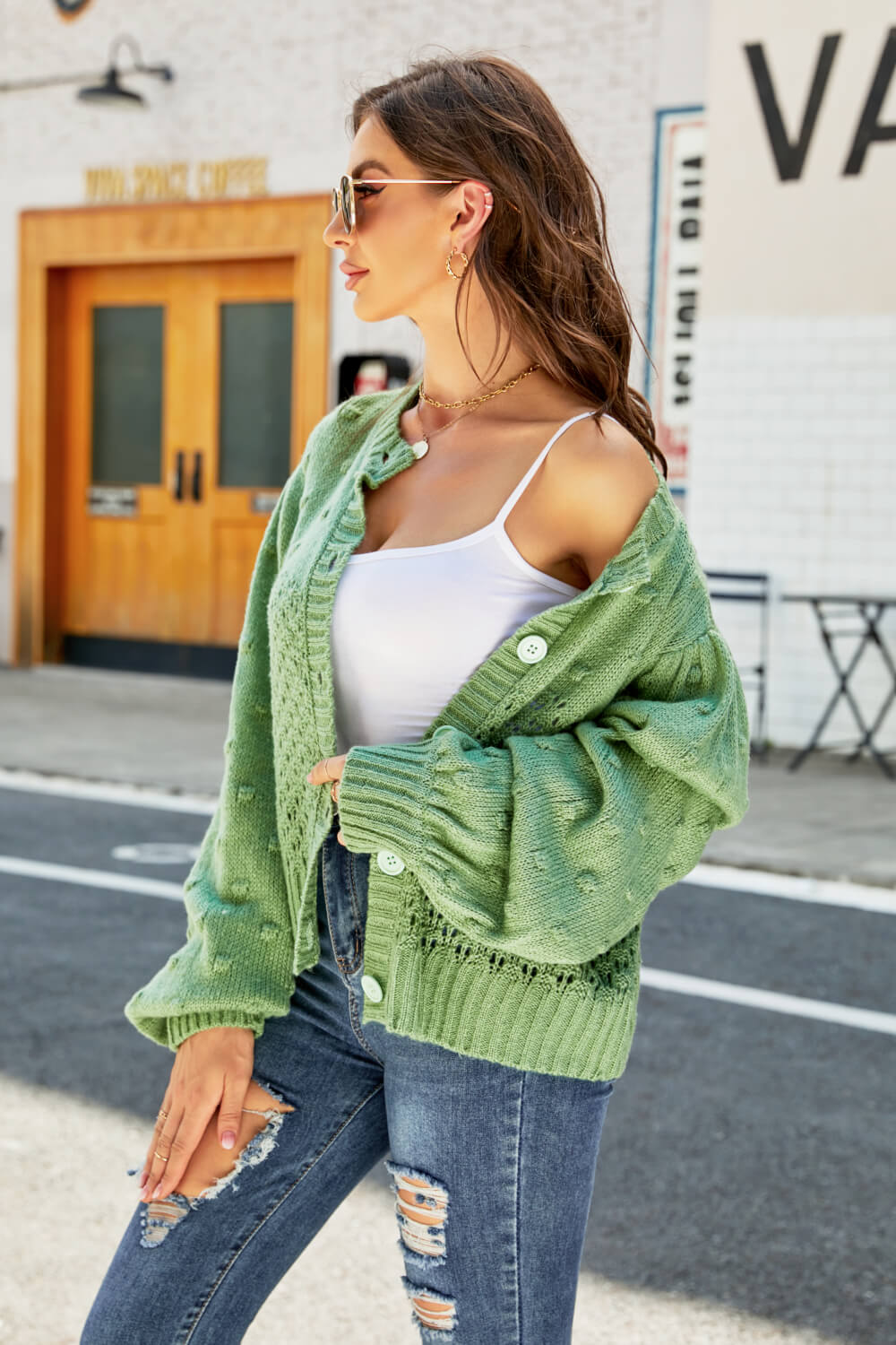 Woven Right Openwork Pompom Puff Sleeve Cardigan