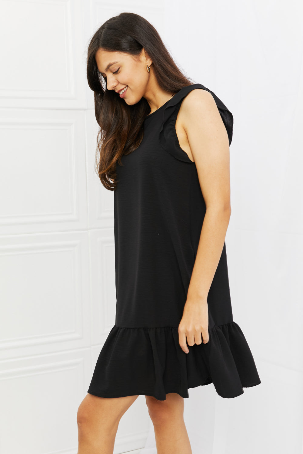 Heimish On The Daily Full Size Ruffle Mini Dress in Black