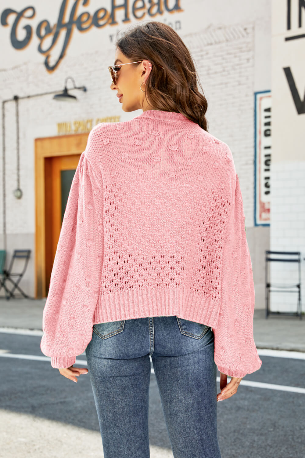 Woven Right Openwork Pompom Puff Sleeve Cardigan