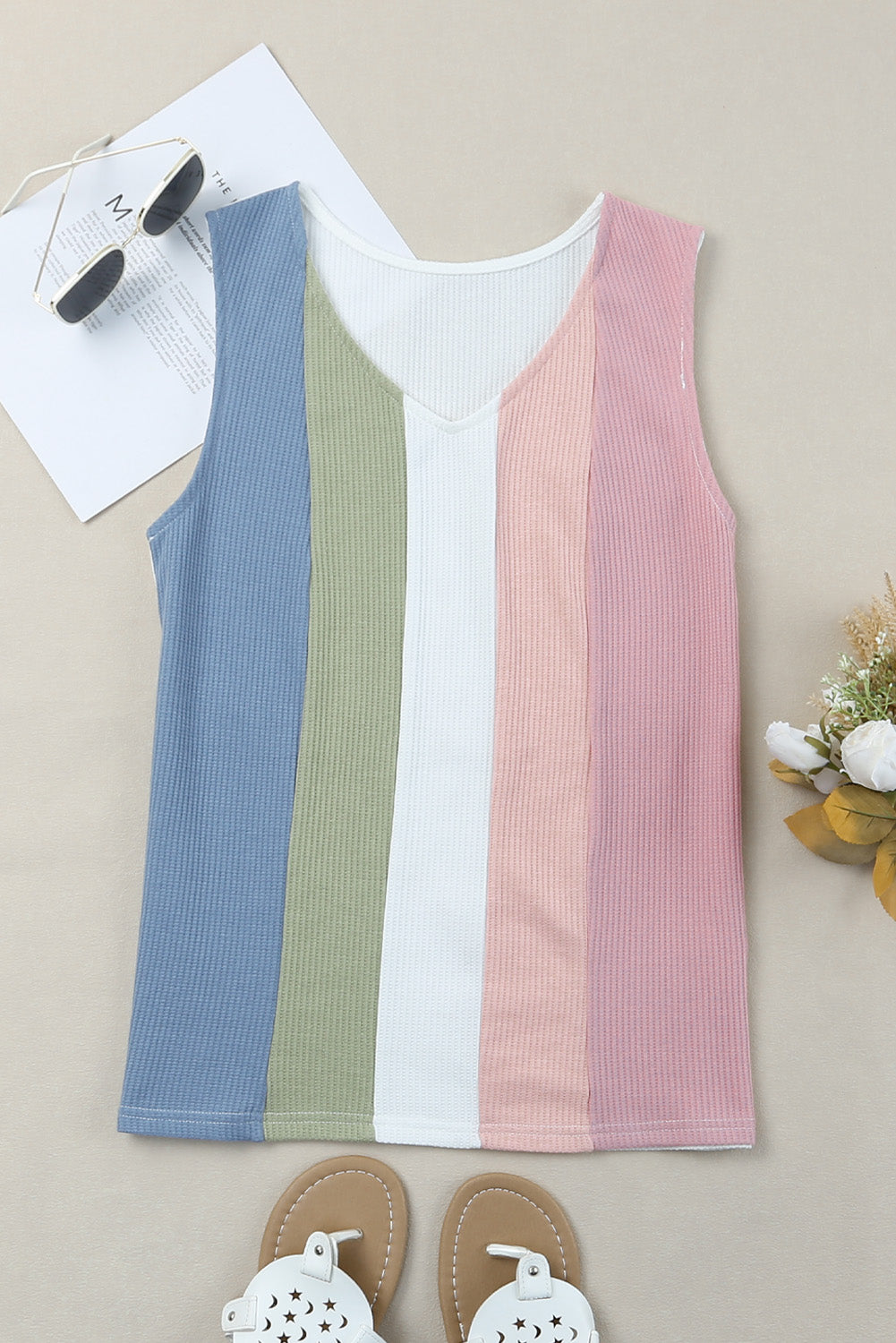 Multicolored Striped Waffle-Knit Sleeveless Tank