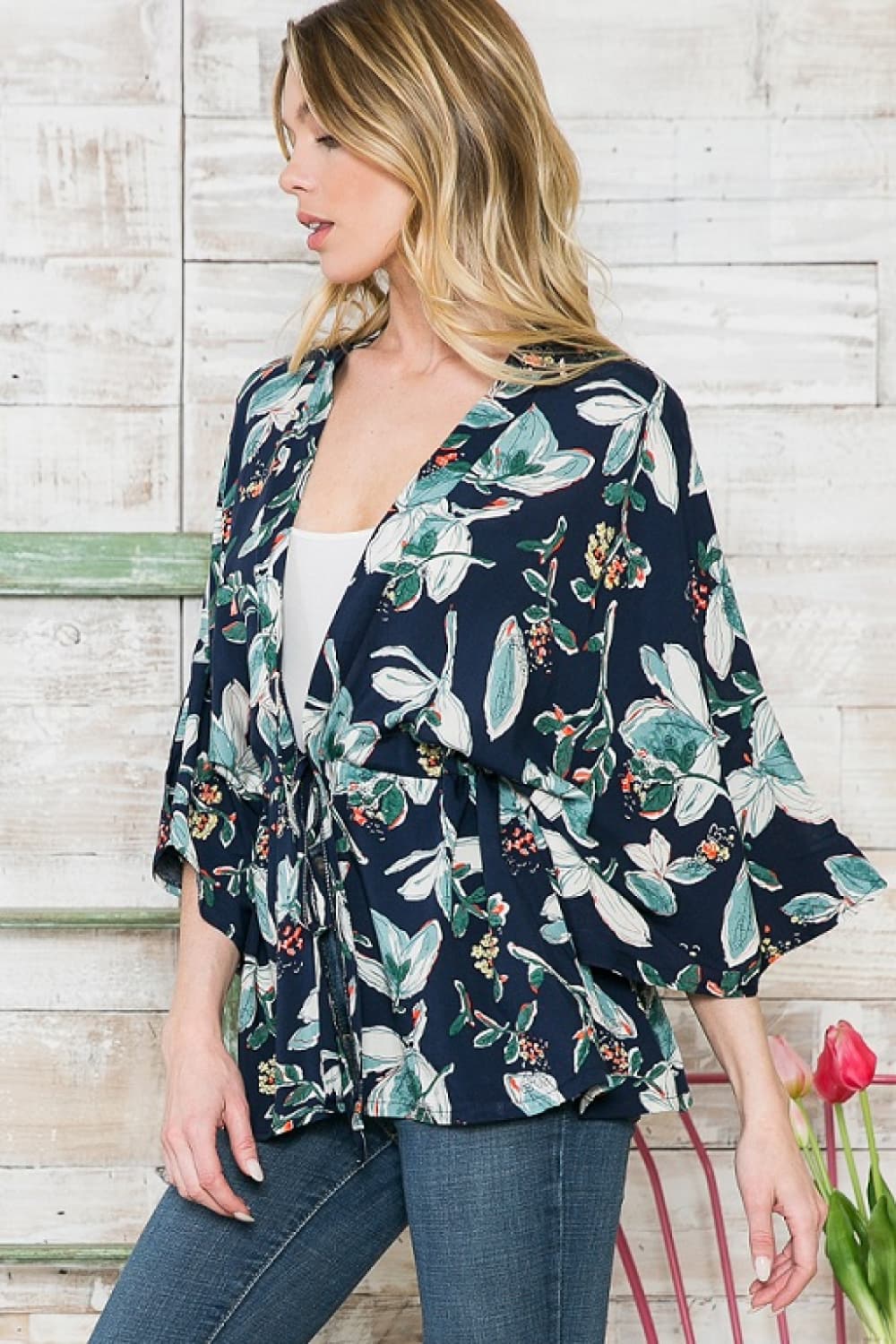 Justin Taylor Floral Three-Quarter Sleeve Longline Cardigan