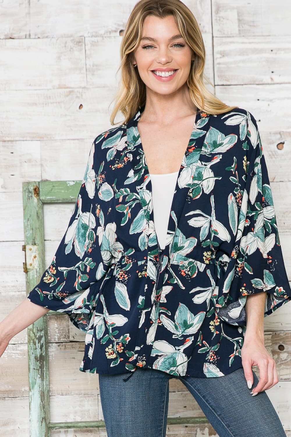 Justin Taylor Floral Three-Quarter Sleeve Longline Cardigan