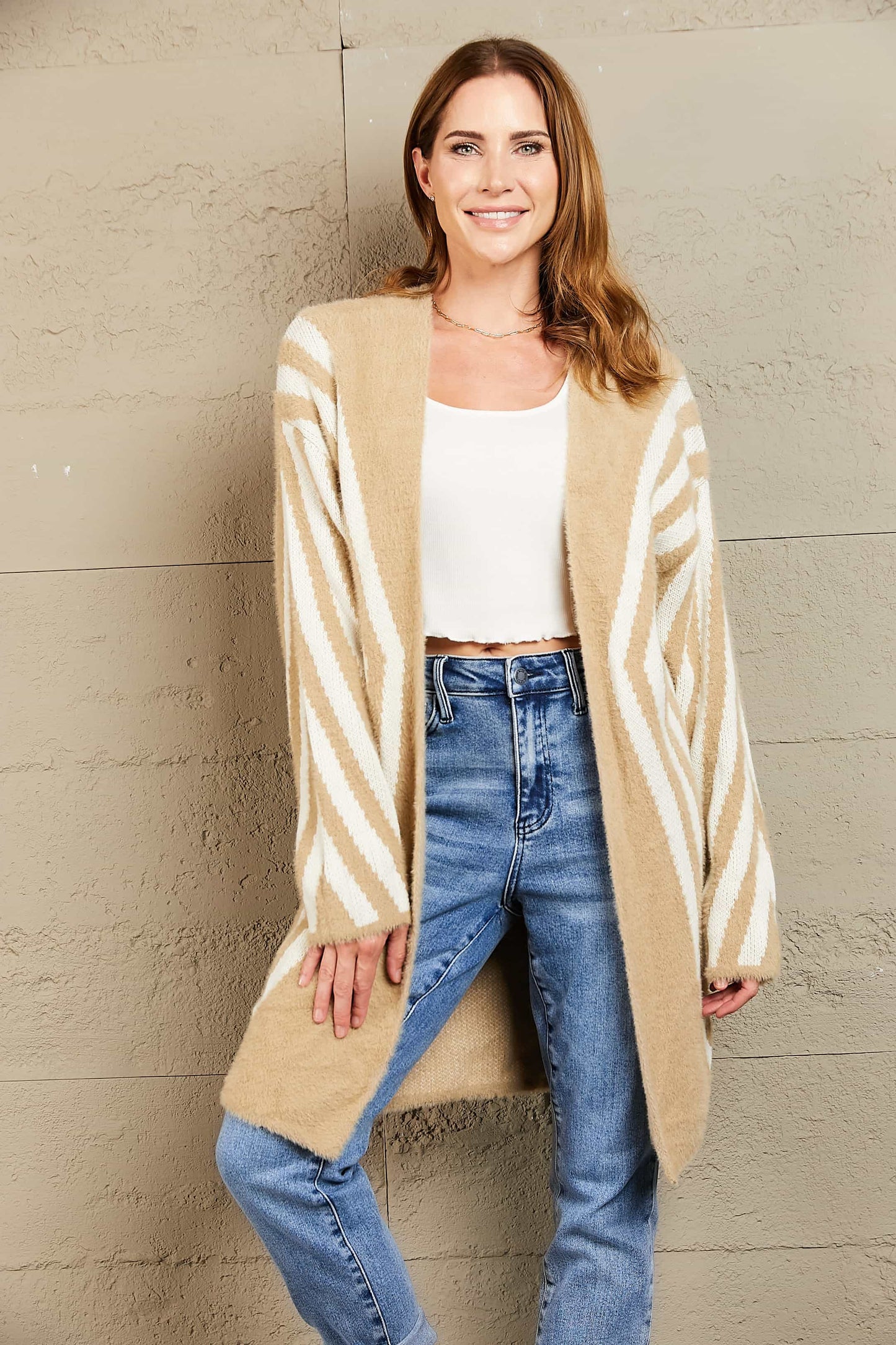 Woven Right Two-Tone Open Front Fuzzy Longline Cardigan