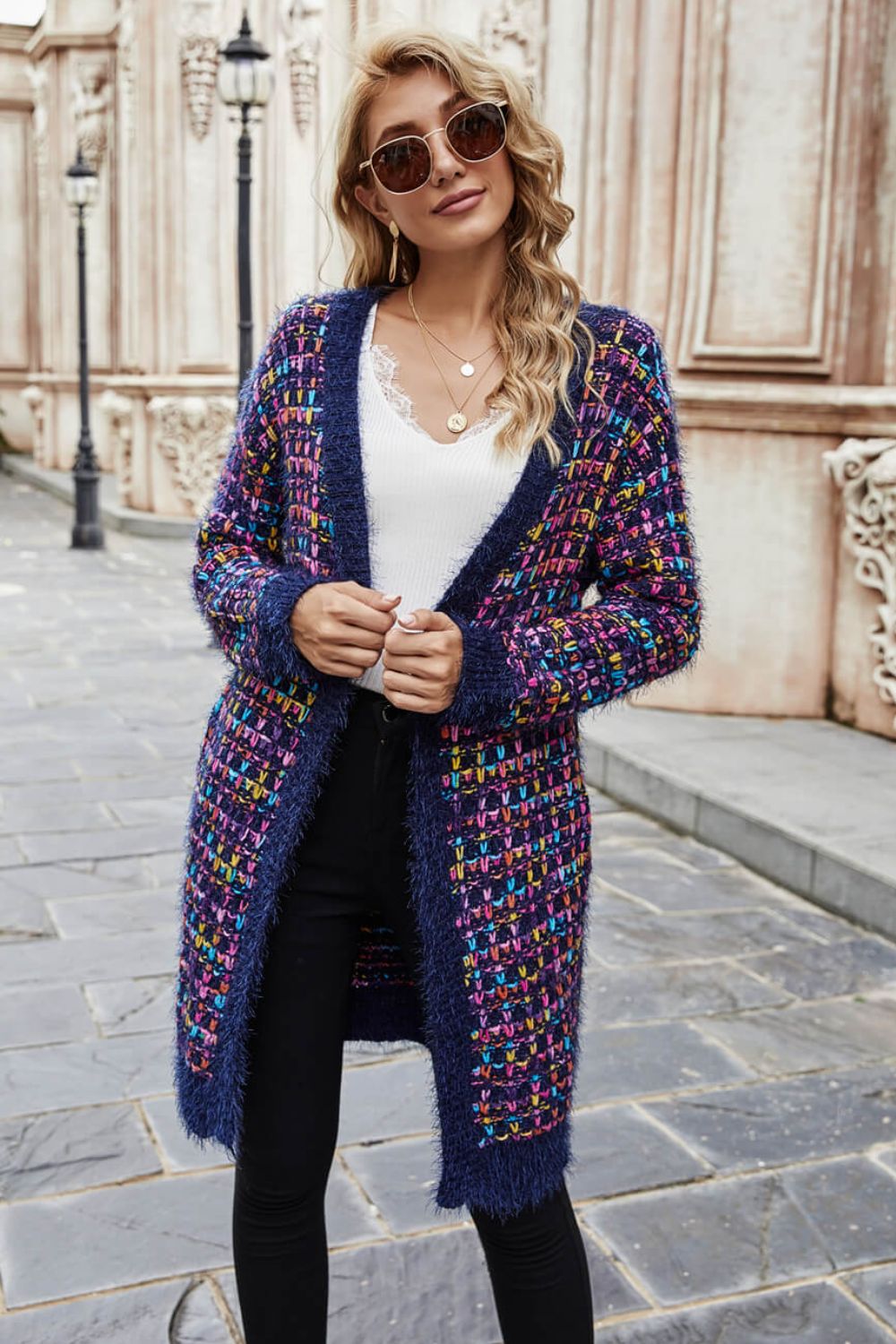 Multicolored Ribbed Trim Open Front Cardigan with Pockets