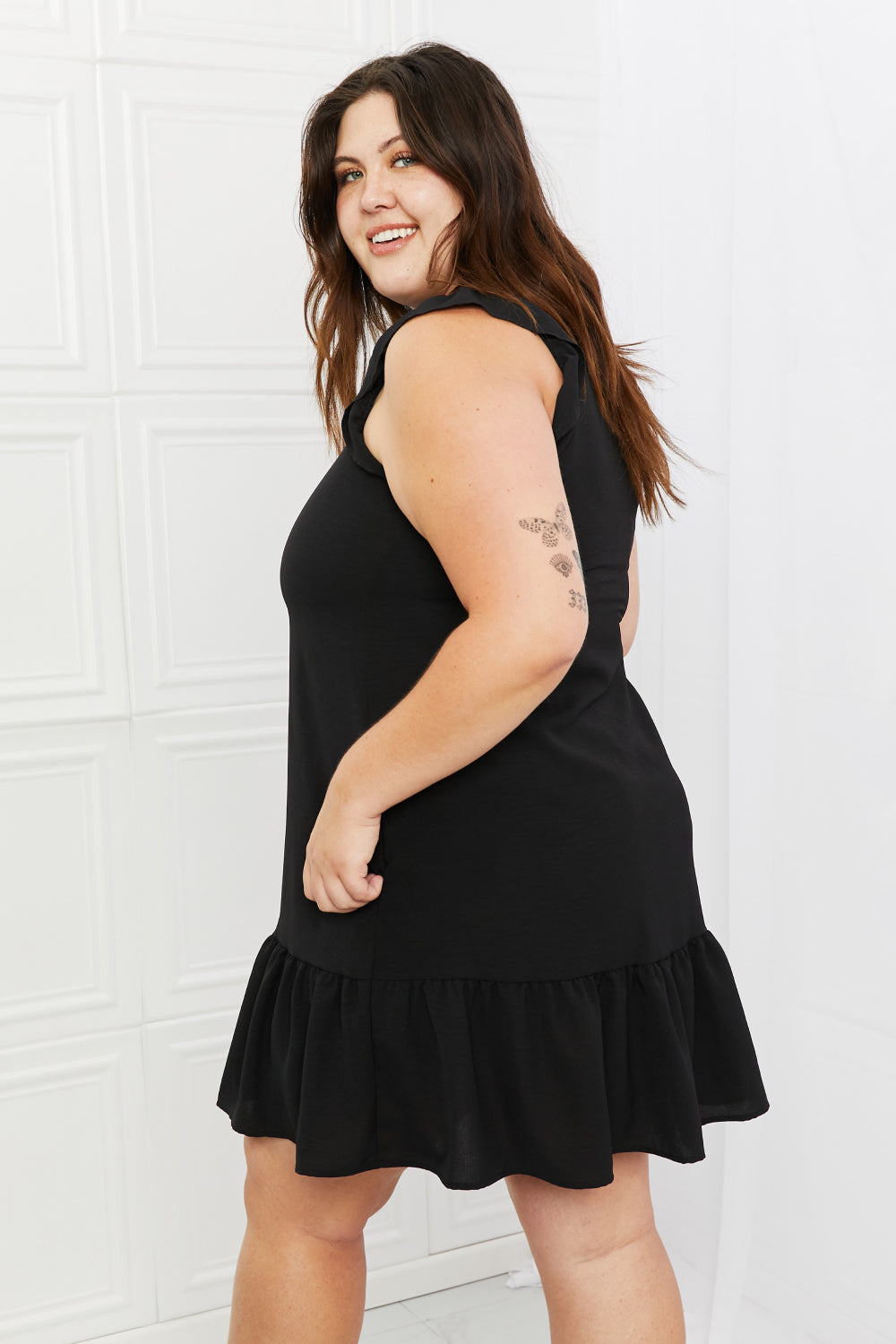 Heimish On The Daily Full Size Ruffle Mini Dress in Black