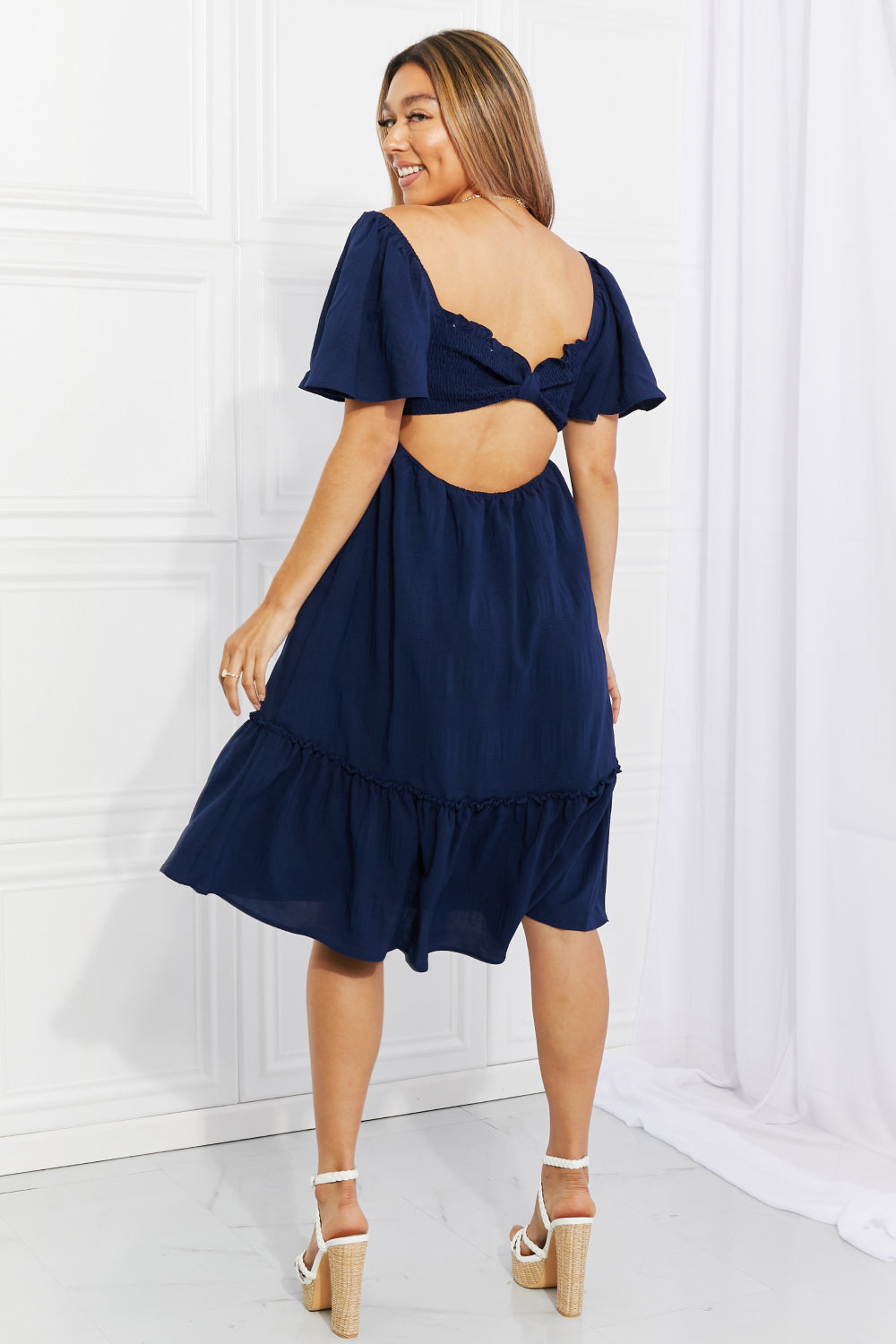 Davi & Dani Full Size Let's Laugh Smocked Bow-Look Back Dress