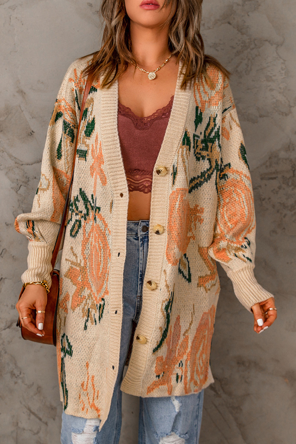 Woven Right Floral Pattern Ribbed Trim Cardigan