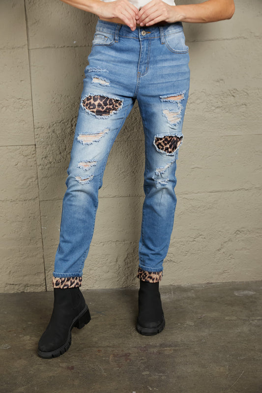 Baeful Leopard Patchwork Distressed Jeans