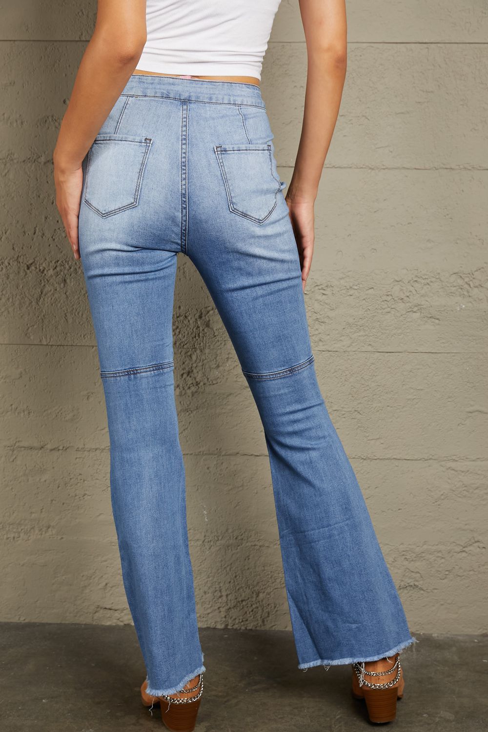 Baeful Distressed Raw Hem High-Waist Flare Jeans