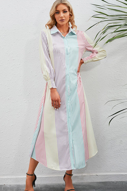 Rainbow Stripe Button-Up Maxi Shirt Dress