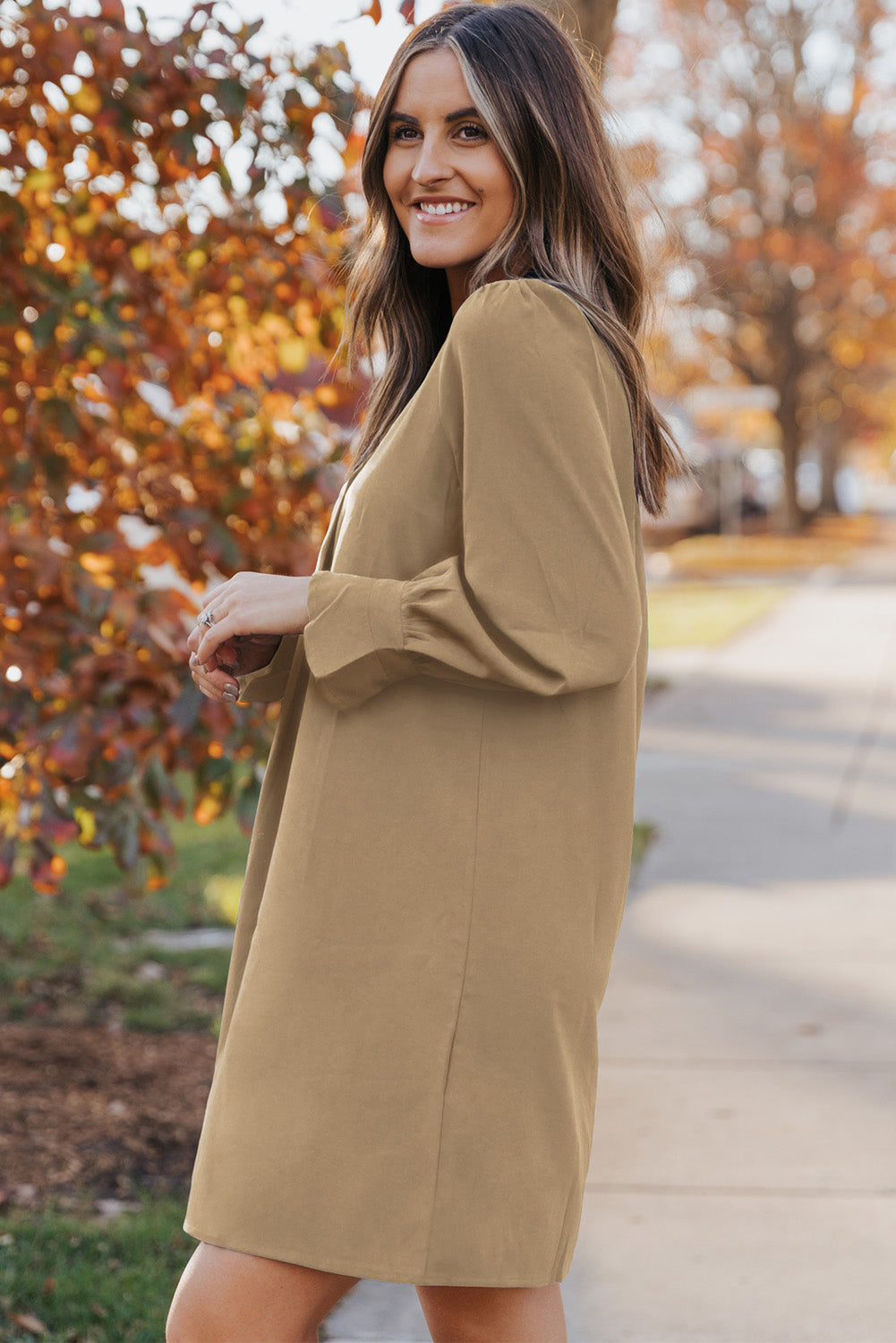Long Puff Sleeve Notched Neck Dress