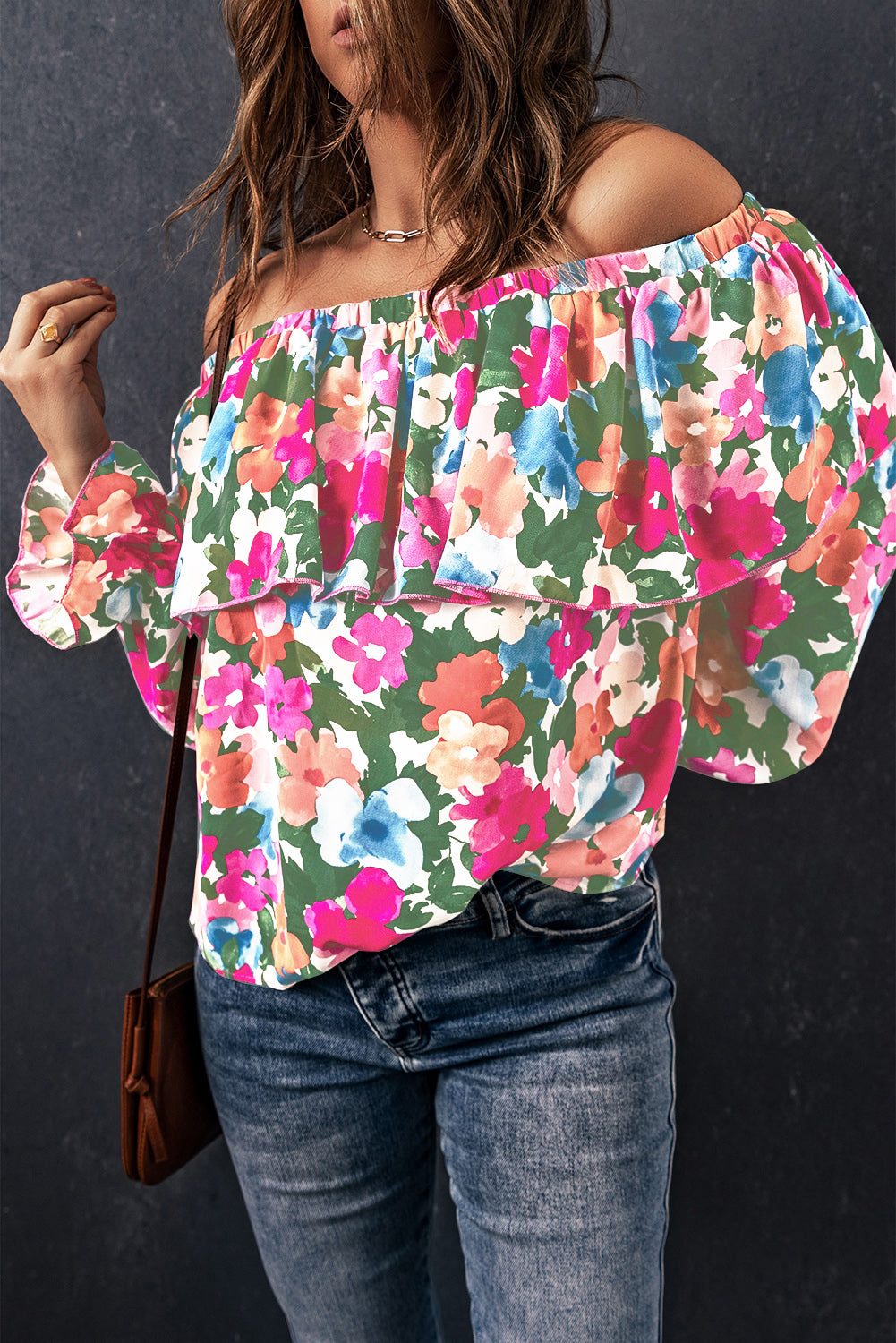 Floral Off-Shoulder Flounce Sleeve Layered Blouse