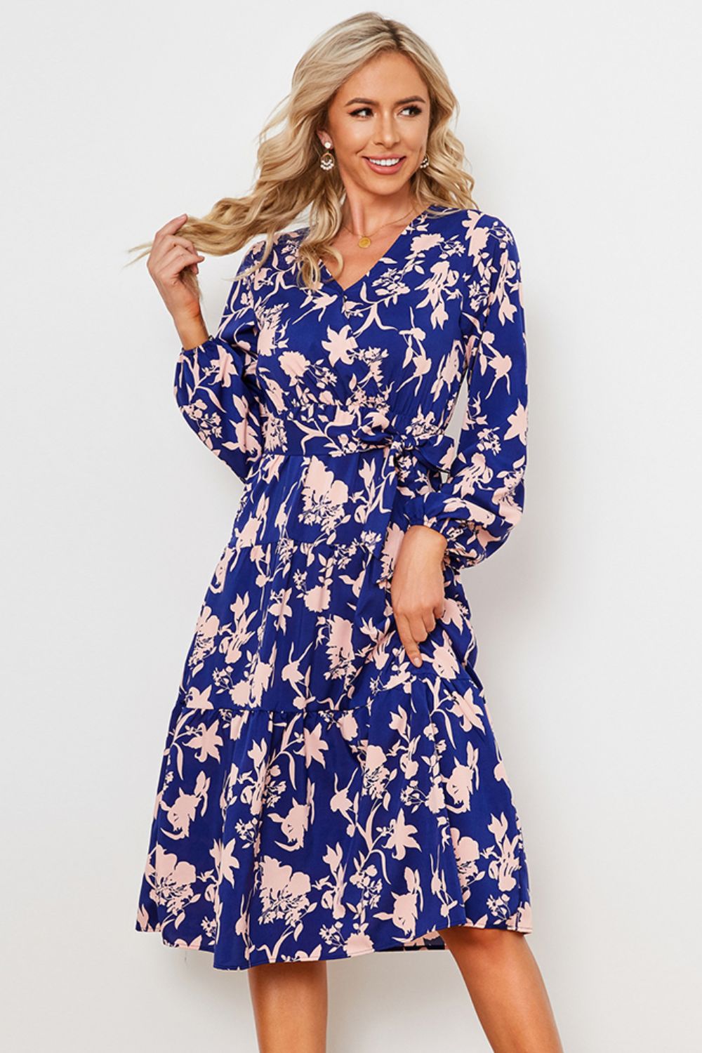 Floral Belted Tiered Midi Dress