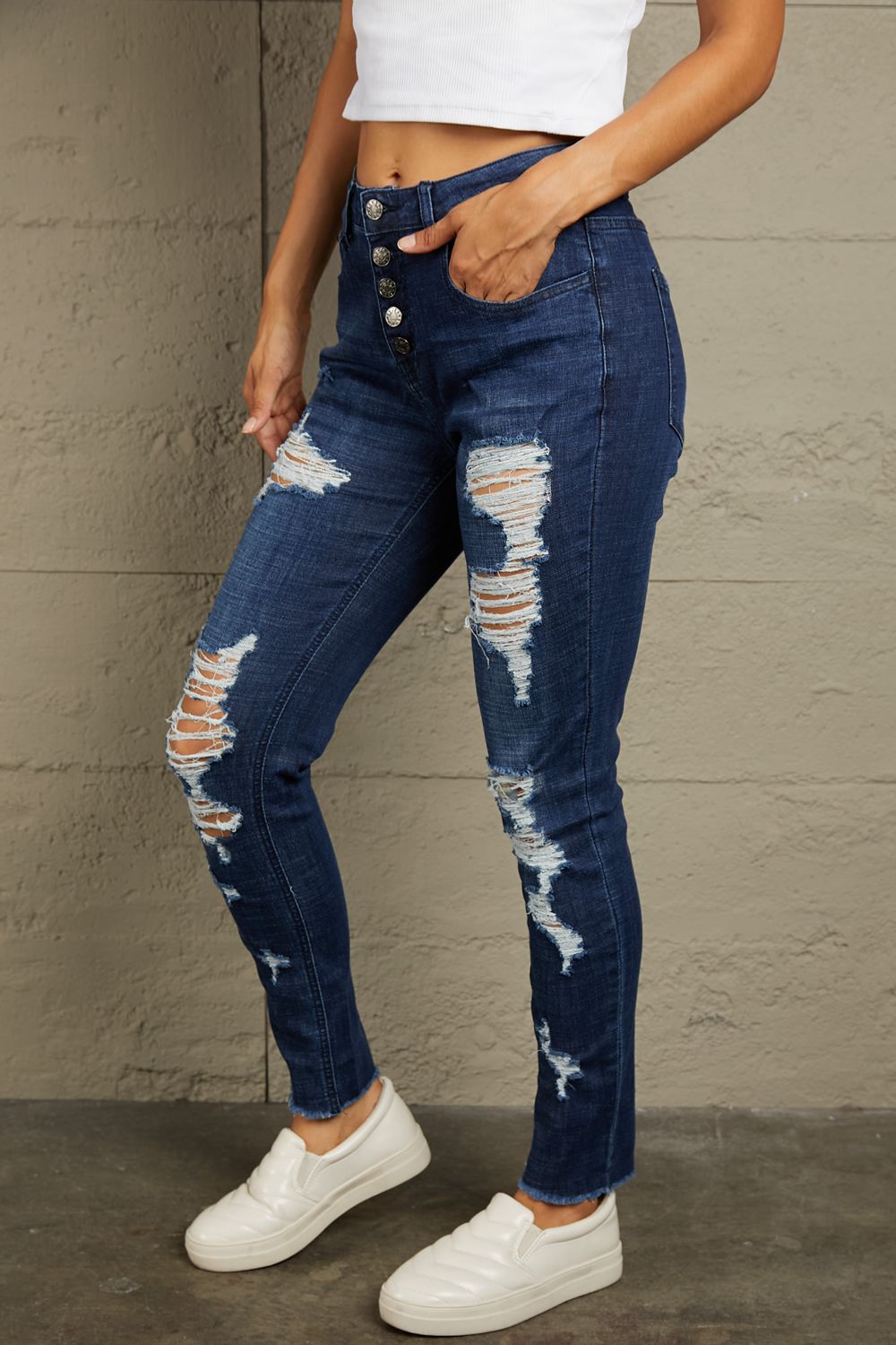 Baeful Distressed Button Fly Raw Hem Jeans