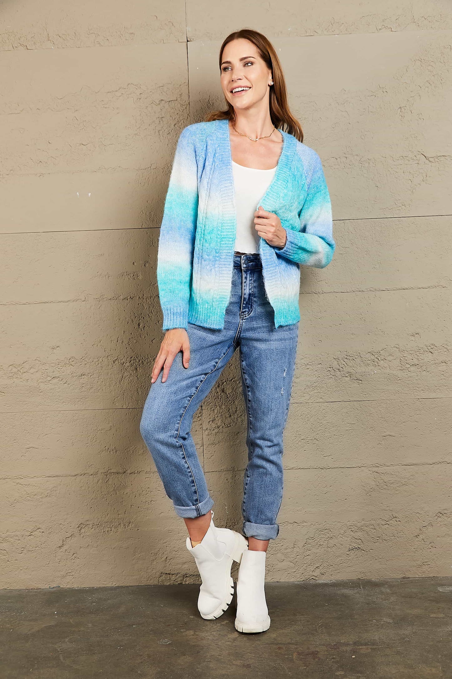 Woven Right Tie-Dye Cable-Knit Raglan Sleeve Open Front Cardigan