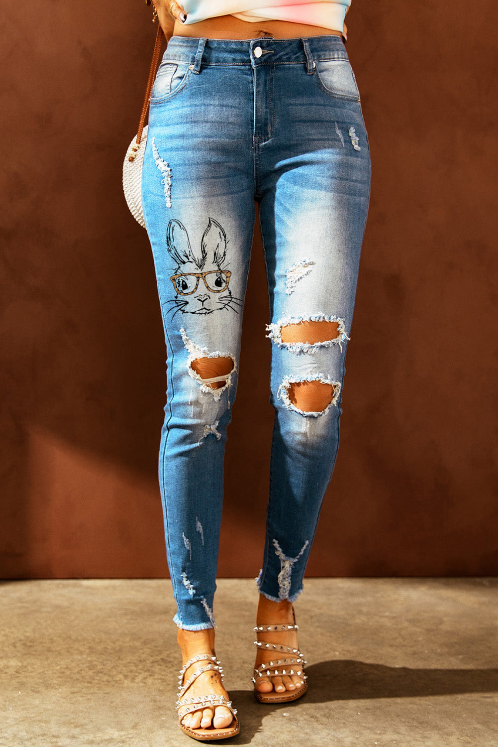 Baeful Easter Distressed Frayed Hem Jeans