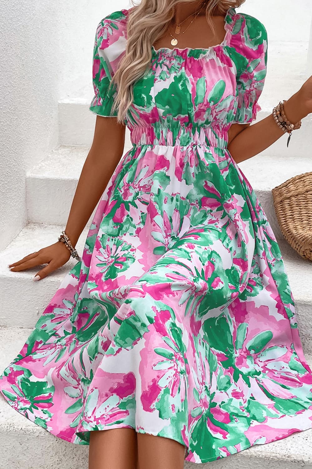 Floral Frill Trim Square Neck Dress