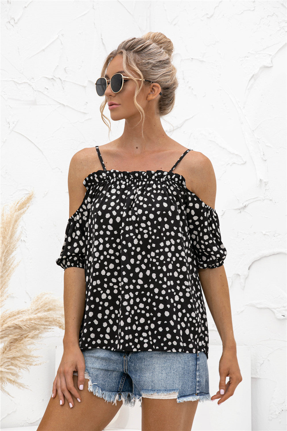 Printed Cold-Shoulder Frill Trim Blouse