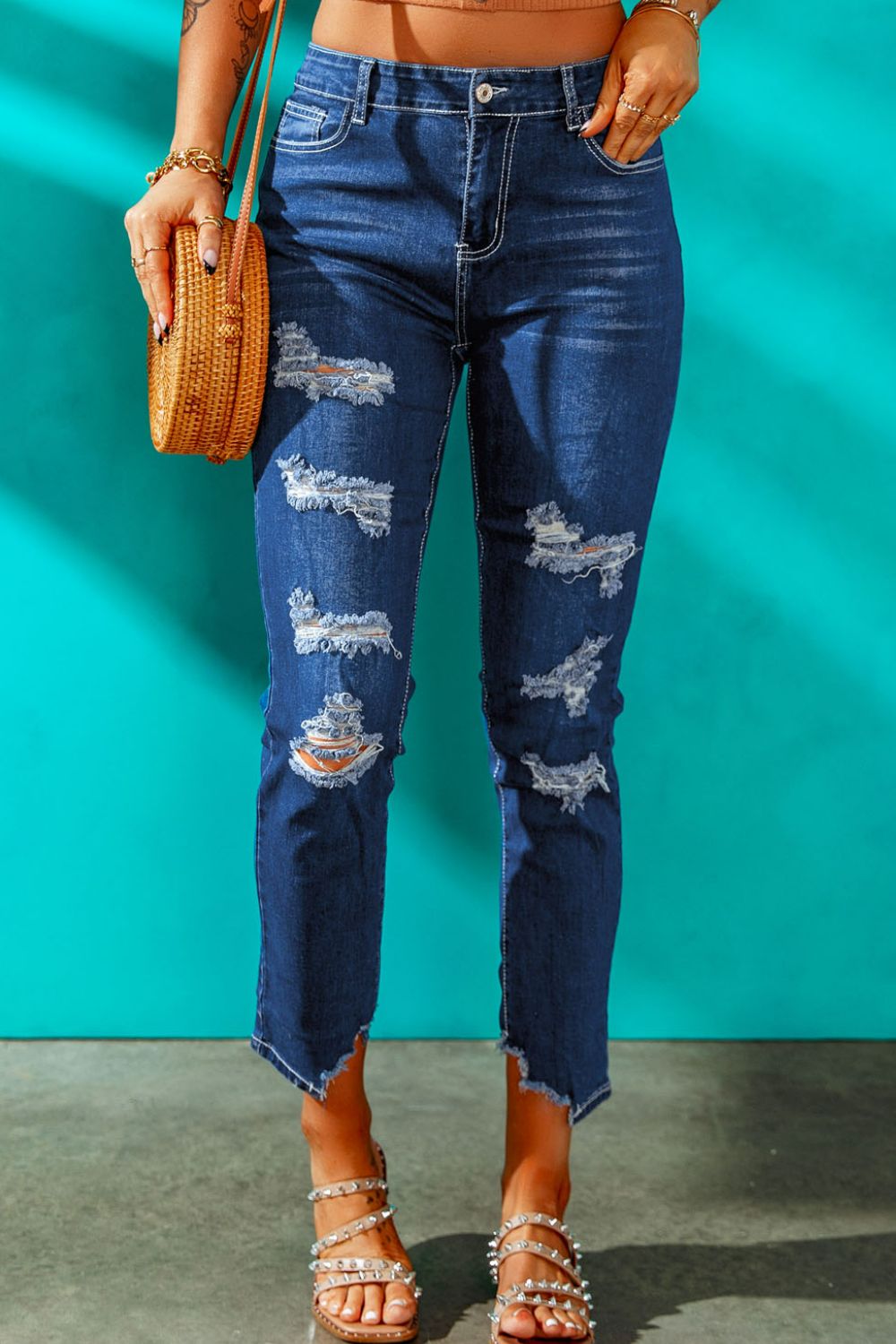 Baeful High-Rise Distressed Hem Detail Jeans